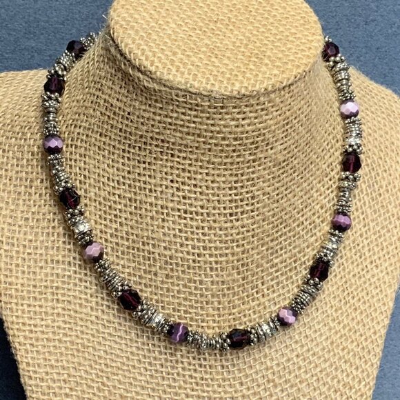 Chunky Retro Necklace 18 In Silver Faceted Iridescent Purple Beads Elegant Glam - Picture 1 of 7